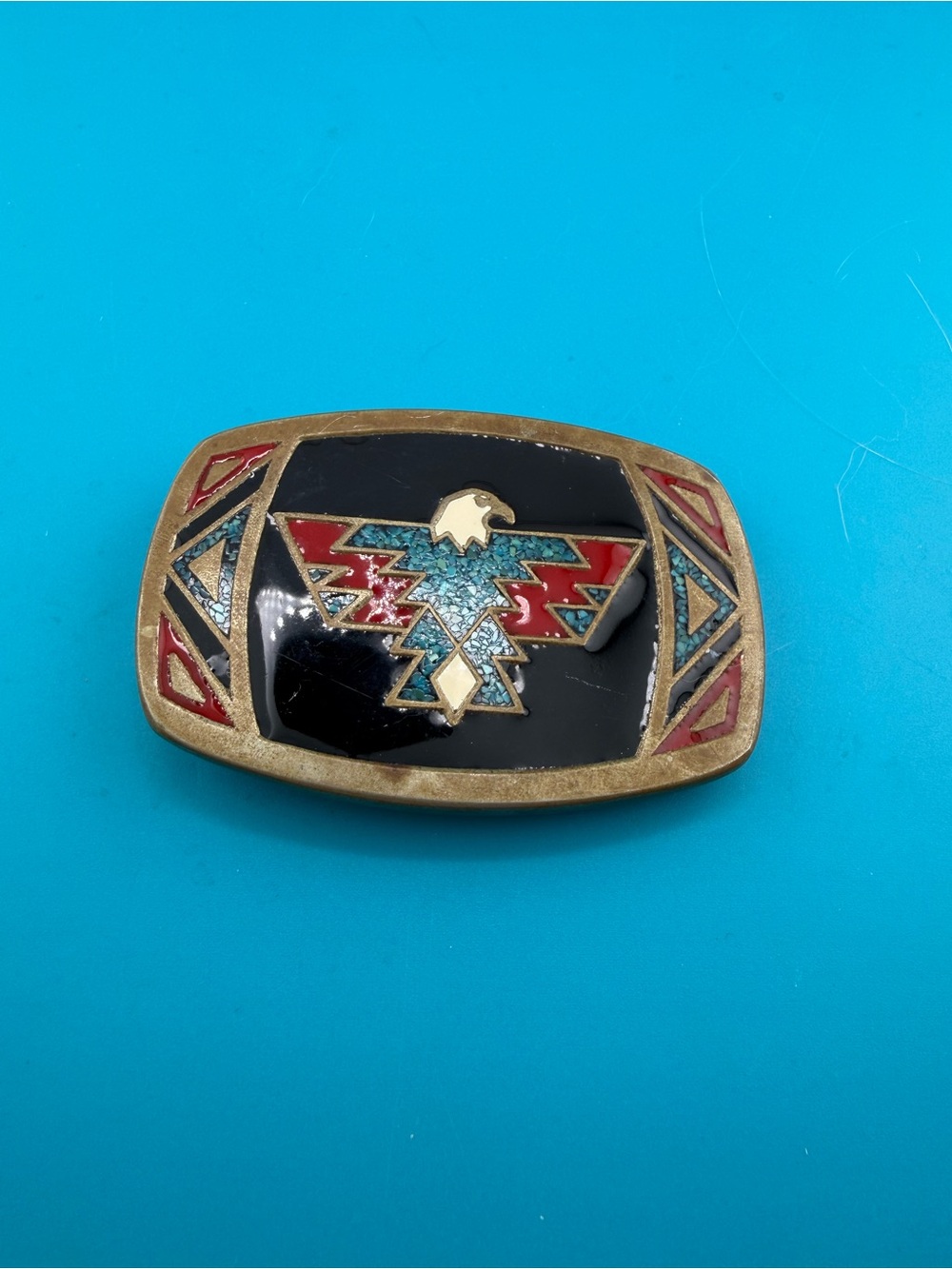 Vintage Southwestern Eagle Belt Buckle Turquoise Chip Inlay Red Black Western